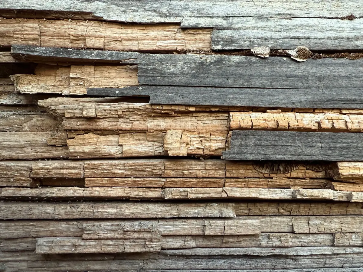 Close-up of layered, deteriorating wood damage