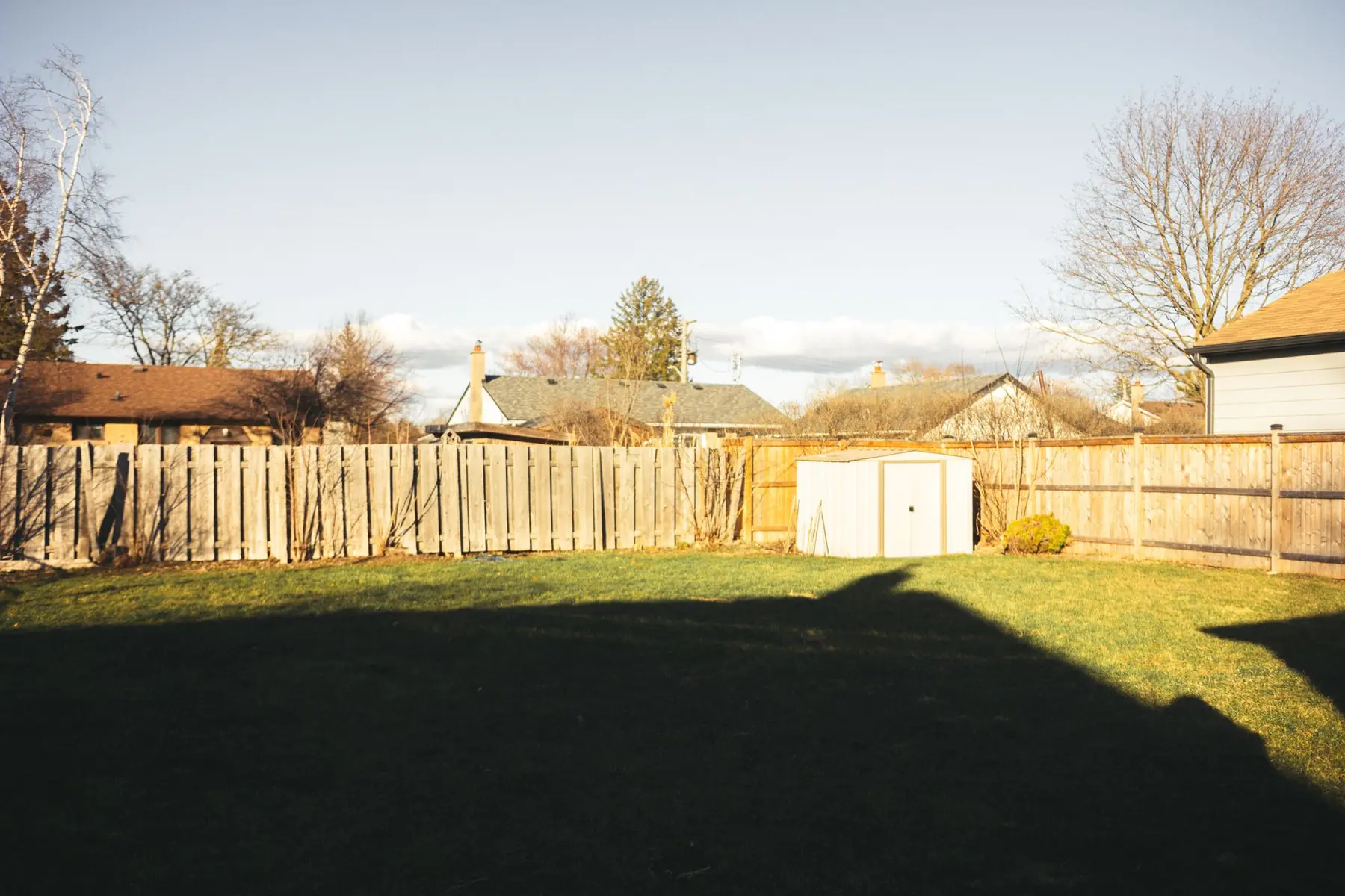Fenced backyard with a garden shed